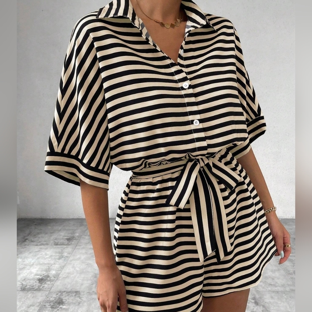 Tan Striped Tie Waist Romper - Picture 7 of 8